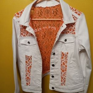 CUSTOM UPCYCLED SONOMA WHITE DENIM JACKET, ORANGE SHEER W/WHITE LACE -S